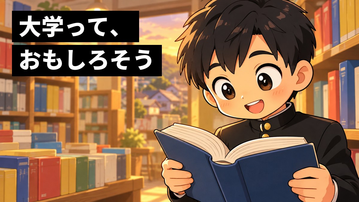 小さな本屋の大学案内の棚の前で、高校3年生の男子が分厚い大学の本を立ち読みし、目を見開いて引き込まれているイラスト。「大学って、おもしろそう」の文字。