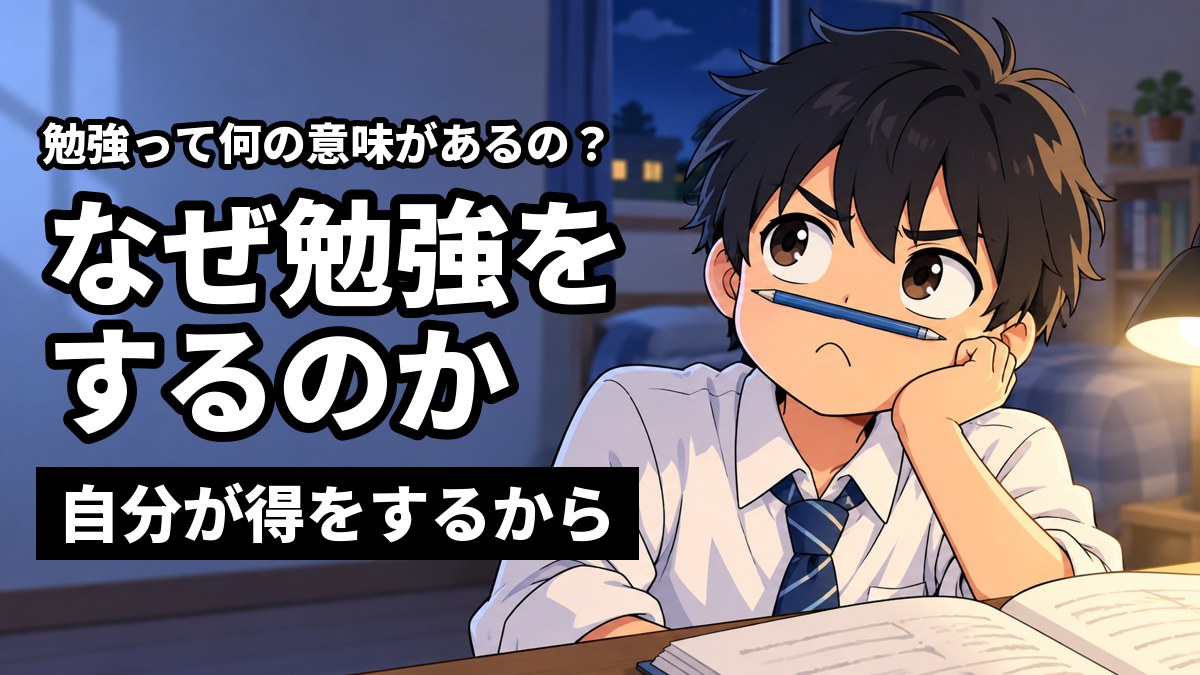 夜の自分の部屋の机で、館山中の制服の男子中学生がほおづえをつき、鉛筆を鼻と口の間にはさんで、勉強する意味に納得いかない顔をしているイラスト。「勉強って何の意味があるの?」「なぜ勉強をするのか」「自分が得をするから」の文字。