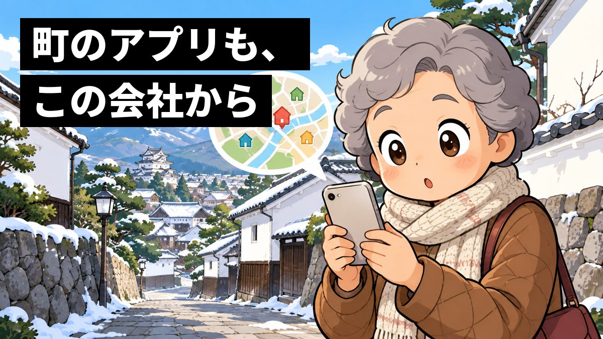 城下町の古い蔵が並ぶ通りで、年配の女性がスマホをのぞきこみ、自分の家のまわりの地図に目を丸くして感心している。「町のアプリも、この会社から」の文字。