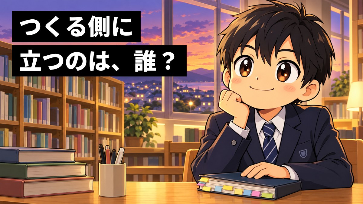 夕暮れの図書室で、制服の男子中学生がびっしり書き込んだノートを閉じて顔を上げ、晴れやかに微笑んでいる。窓の外には町の明かり。「つくる側に立つのは、誰?」の文字。
