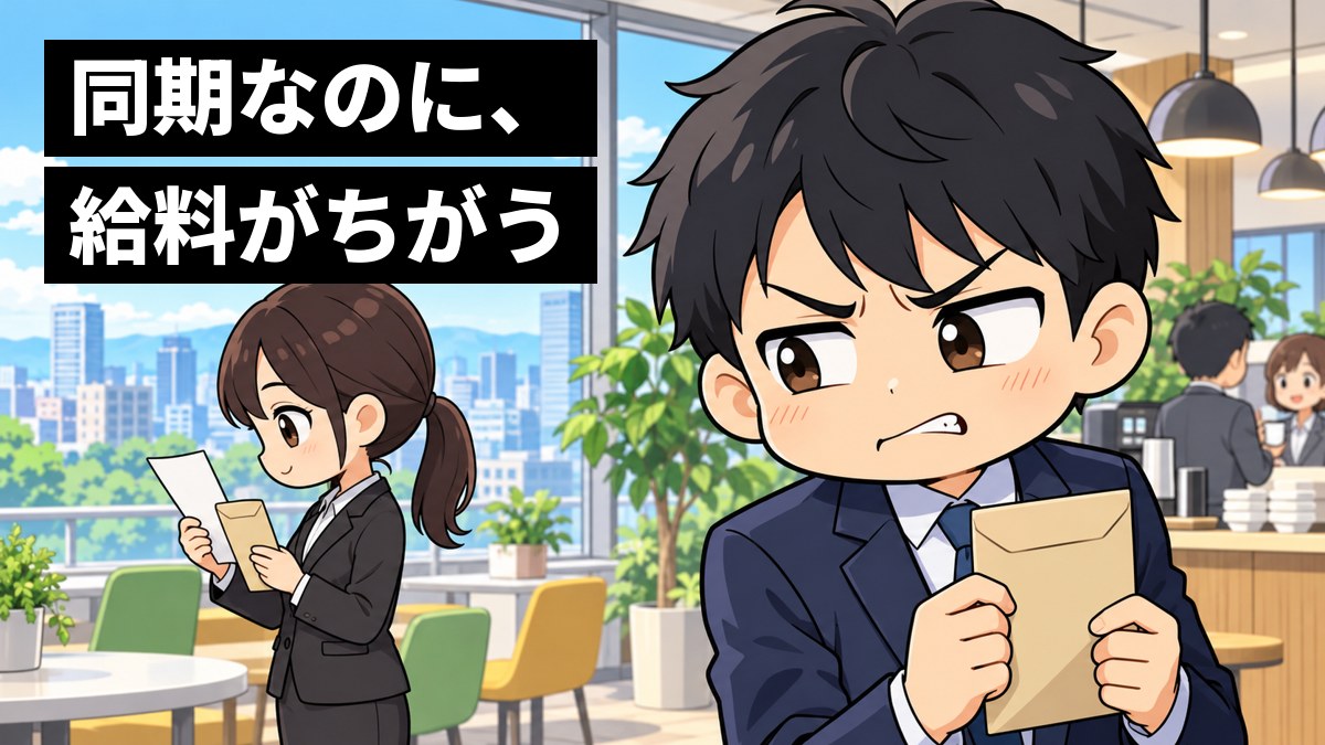 会社の休憩スペースで、スーツの新入社員の男性が、隣の同期が持つ給与明細をのぞきこみ、悔しそうに唇をかんでいる。「同期なのに、給料がちがう」の文字。