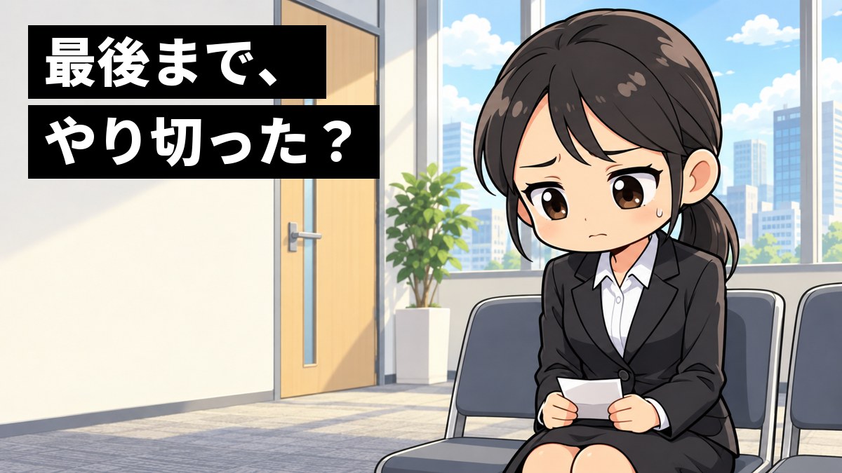 会社の面接の控え室で、リクルートスーツの女子大学生がメモを握りしめ、順番を待ちながら不安そうに目を伏せている。「最後まで、やり切った?」の文字。