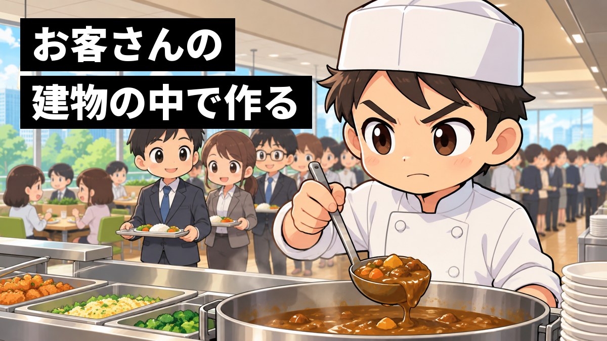 会社の社員食堂のカウンターの内側で、白いコックコートの若い男性の調理スタッフが、昼の行列を前に、口を結んで眉を寄せ、気合いを入れている。奥には会社員の行列。「お客さんの建物の中で作る」の文字。
