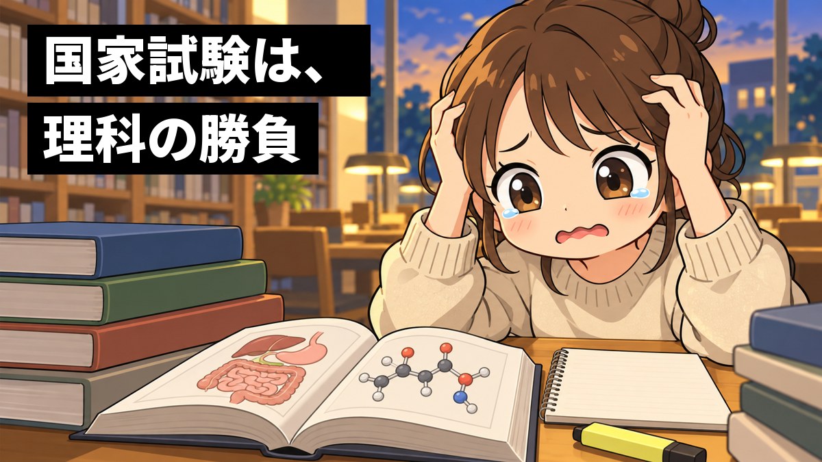 大学の図書館の机で、私服の女子大学生が、分厚い化学と生物の教科書と体の図を前に、頭を抱えて困り果てた顔をしている。「国家試験は、理科の勝負」の文字。