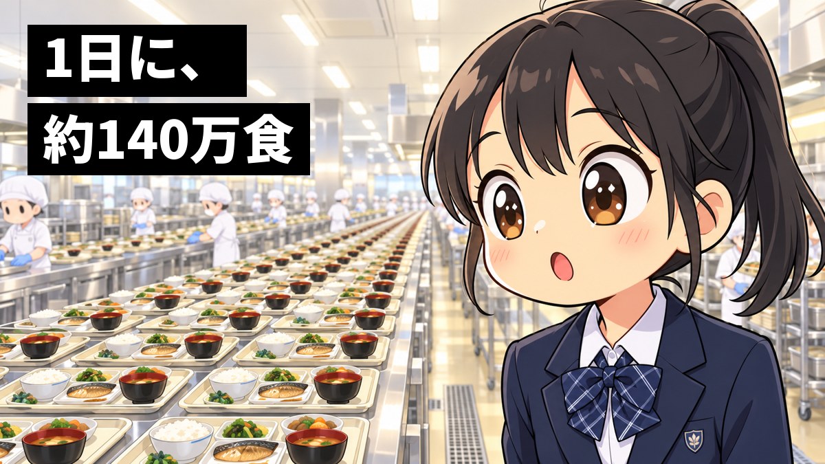 大きな給食の厨房の入り口で、制服の女子中学生が、ずらりと並んだ何百もの食事のトレーを見て、目を丸くして驚いている。「1日に、約140万食」の文字。