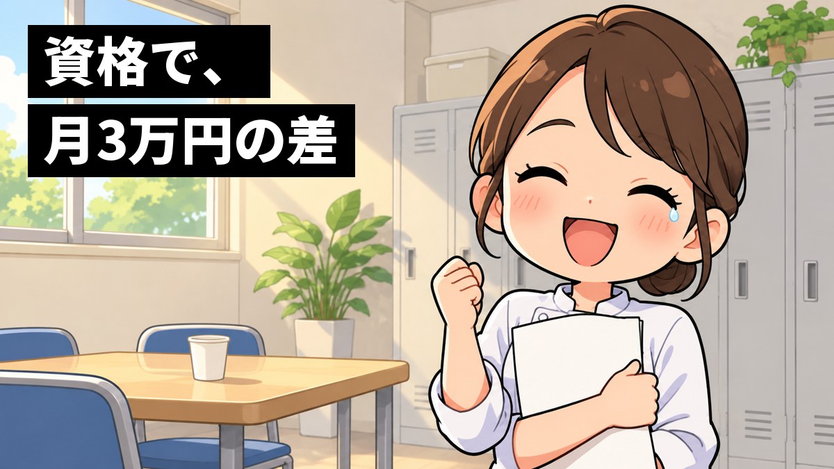 職場の休憩室で、白い調理服の若い女性が、合格の通知の紙を胸に抱いて、顔いっぱいの笑顔でガッツポーズをしている。「資格で、月3万円の差」の文字。