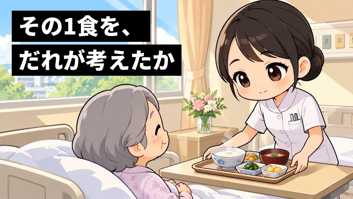 病院の明るい病室で、白い制服の若い女性の管理栄養士が、ベッドのおばあさんに湯気の立つ食事のトレーを届け、ほっとしたやさしい顔で見守っている。「その1食を、だれが考えたか」の文字。