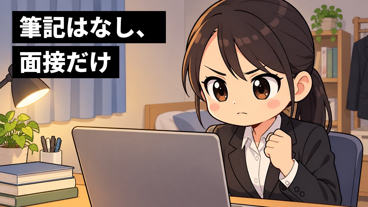 一人暮らしの部屋の机で、スーツ姿の女子大学生が、ノートパソコンの前で口を真一文字に結び、こぶしを握って面接の前に気合いを入れている。「筆記はなし、面接だけ」の文字。