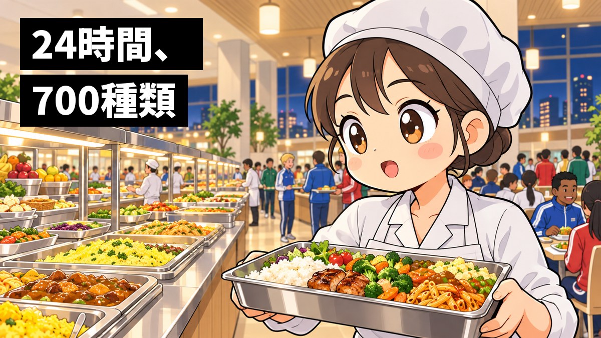 世界中の選手が集まる巨大な食堂で、白い制服の若い女性スタッフが、色とりどりの料理が並ぶビュッフェの台に、夢中で料理を補充している。奥にはいろいろな国の選手たち。「24時間、700種類」の文字。