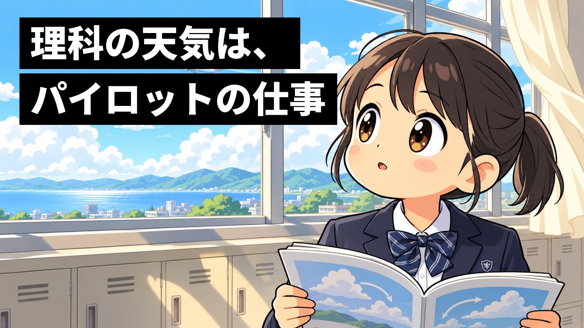 教室の窓ぎわで、制服の女子中学生が、理科の教科書を手に、窓の外の雲と空を飛ぶ旅客機を夢中で見比べている。「理科の天気は、パイロットの仕事」の文字。