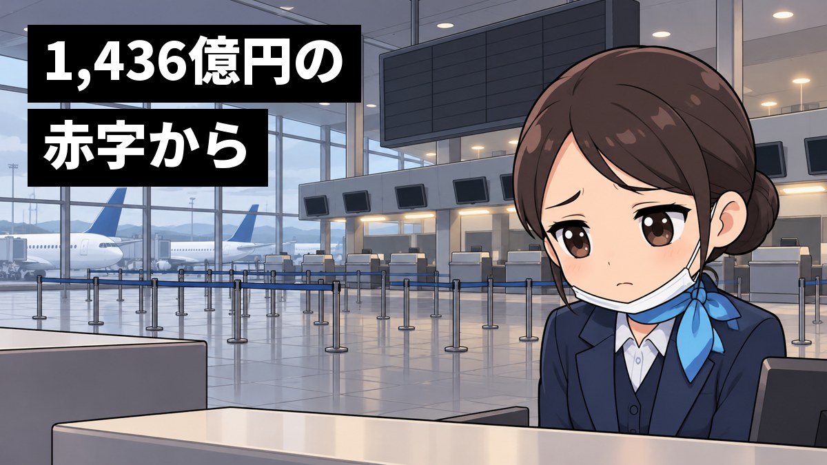 だれもいない空港の出発ロビーで、紺の制服の若いグランドスタッフの女性が、空っぽのカウンターの前で不安そうに眉を下げて立っている。「1,436億円の赤字から」の文字。