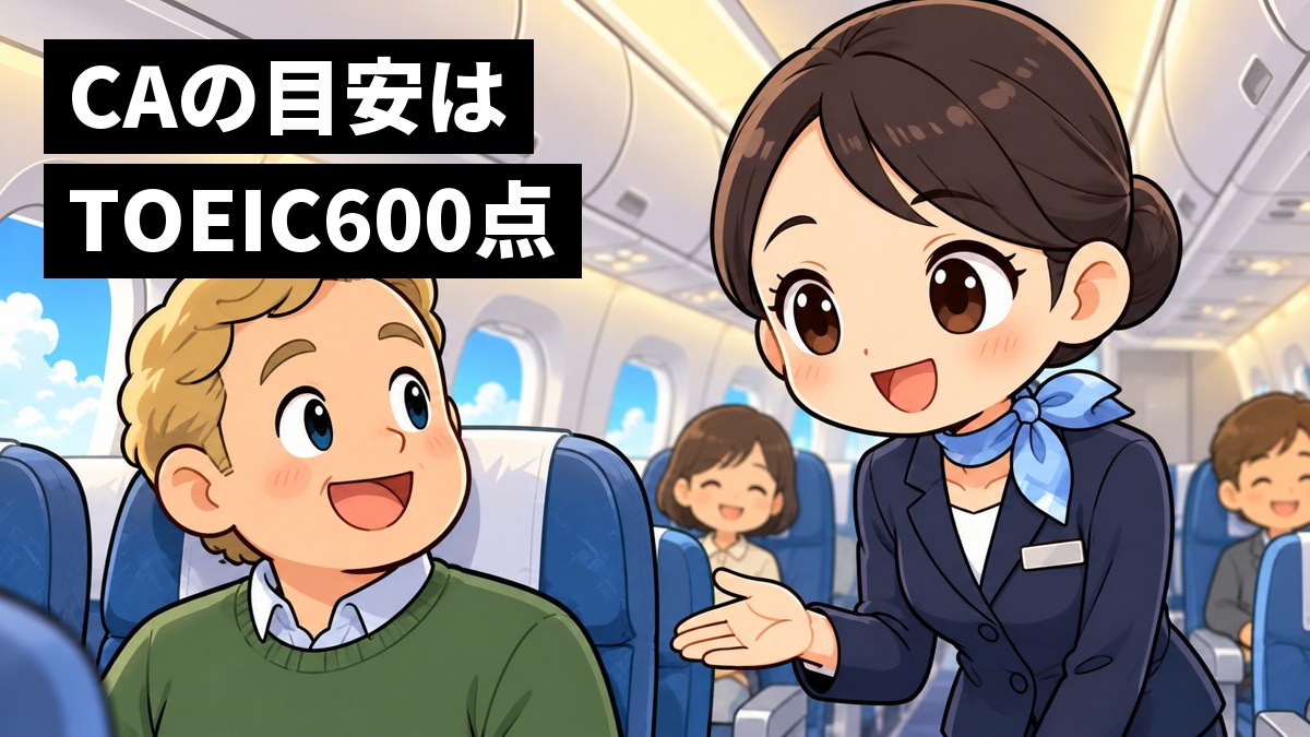 旅客機の客室で、紺の制服の若い客室乗務員の女性が、外国人の乗客に英語で話しかけ、言葉が通じてぱっと明るく笑っている。「CAの目安はTOEIC 600点」の文字。