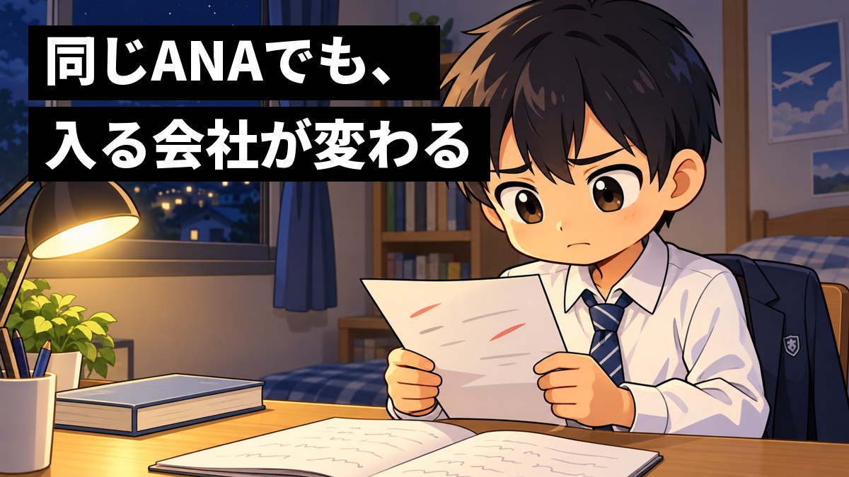 夜の自分の部屋の机で、制服の男子中学生が、点数の書かれていない返された答案を手に肩を落としている。机の上には開いたノートと参考書。「同じANAでも、入る会社が変わる」の文字。