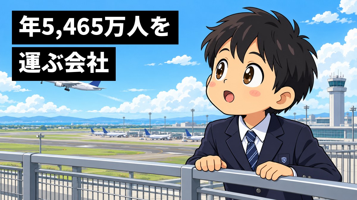 制服の男子中学生が、空港の展望デッキのフェンスに手をかけ、離陸していく旅客機を目を丸くして見上げている。「年5,465万人を運ぶ会社」の文字。