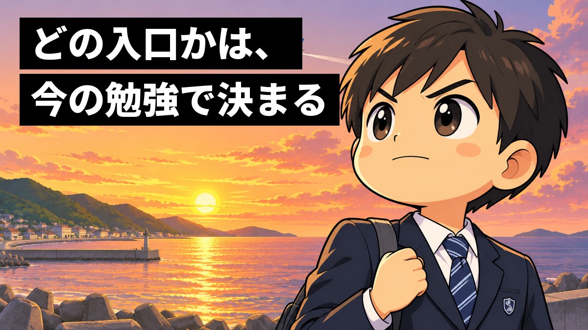 夕方の海辺の堤防で、制服の男子中学生が、空を横切る旅客機を見上げ、こぶしを握って口を結び、決意の表情をしている。「どの入口かは、今の勉強で決まる」の文字。