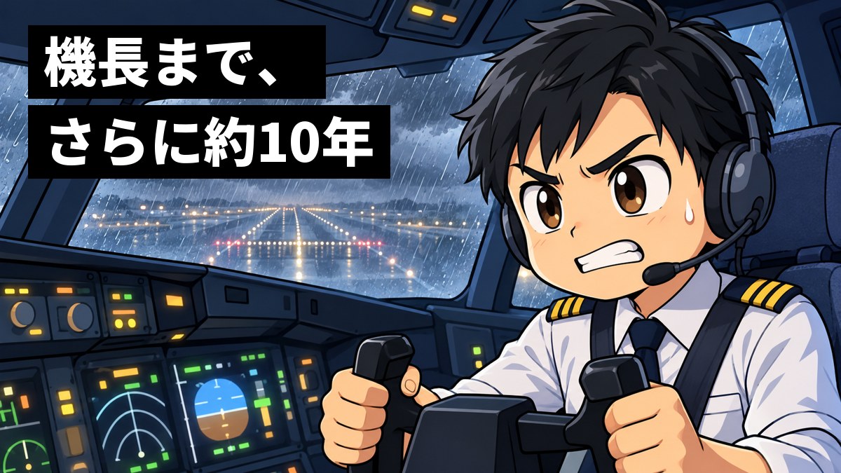 飛行機の訓練装置の操縦席で、紺の制服の若い副操縦士の男性が、汗をにじませ歯を食いしばって前を見すえ、操縦かんを握っている。「機長まで、さらに約10年」の文字。