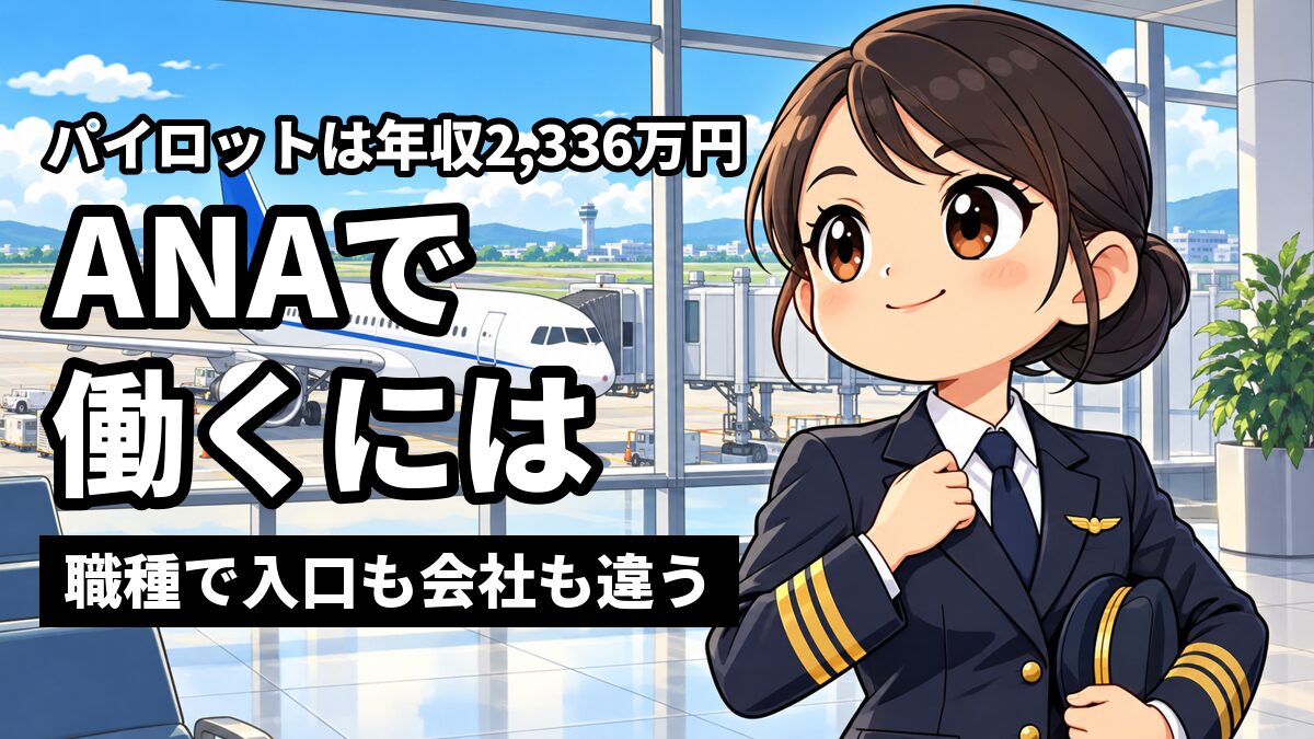 空港の大きな窓の前で、制帽を小脇に抱えて自信のある笑みを見せる若い副操縦士。窓の外には青と白の旅客機。「パイロットは年収2,336万円」「ANAで働くには」「職種で入口も会社も違う」の文字。