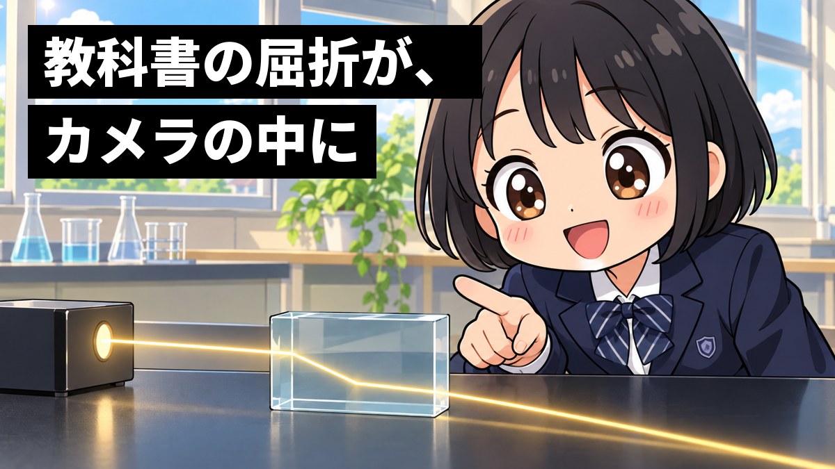 中学校の理科室で、制服の女子生徒がガラスのブロックを通る光が曲がる実験を見て、ひらめいてうれしそうに笑っている。「教科書の屈折が、カメラの中に」の文字。