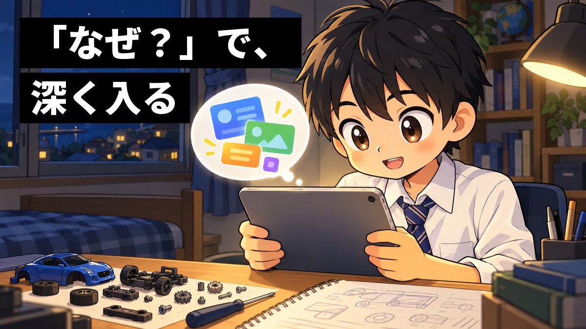 夜、自分の部屋の机で、制服姿の男子中学生がタブレットで小さなアプリを作ることに夢中になり、目を輝かせている。机の上には分解したおもちゃの部品とノート。「「なぜ?」で、深く入る」の文字。