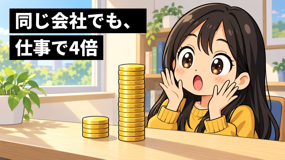 机の上に、低いコインの山と、その4倍ほど高いコインの山が並んでいる。若い女性が高い山を見上げて、驚いて目を見開いている。「同じ会社でも、仕事で4倍」の文字。