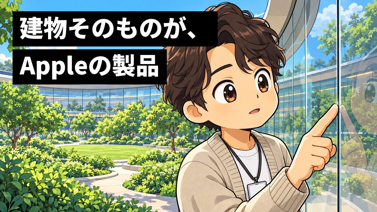 木がたくさん植えられた中庭に面した、曲がったガラスの壁の前で、若い男性社員がガラスの継ぎ目を指でなぞりながら、夢中で細部を見つめている。「建物そのものが、Appleの製品」の文字。