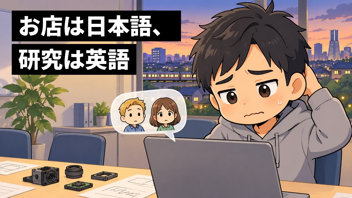 横浜の研究所の会議室で、若い男性エンジニアがアメリカの同僚とのビデオ会議の最中、英語の説明がうまく伝わらず、しょんぼりして頭をかいている。「お店は日本語、研究は英語」の文字。