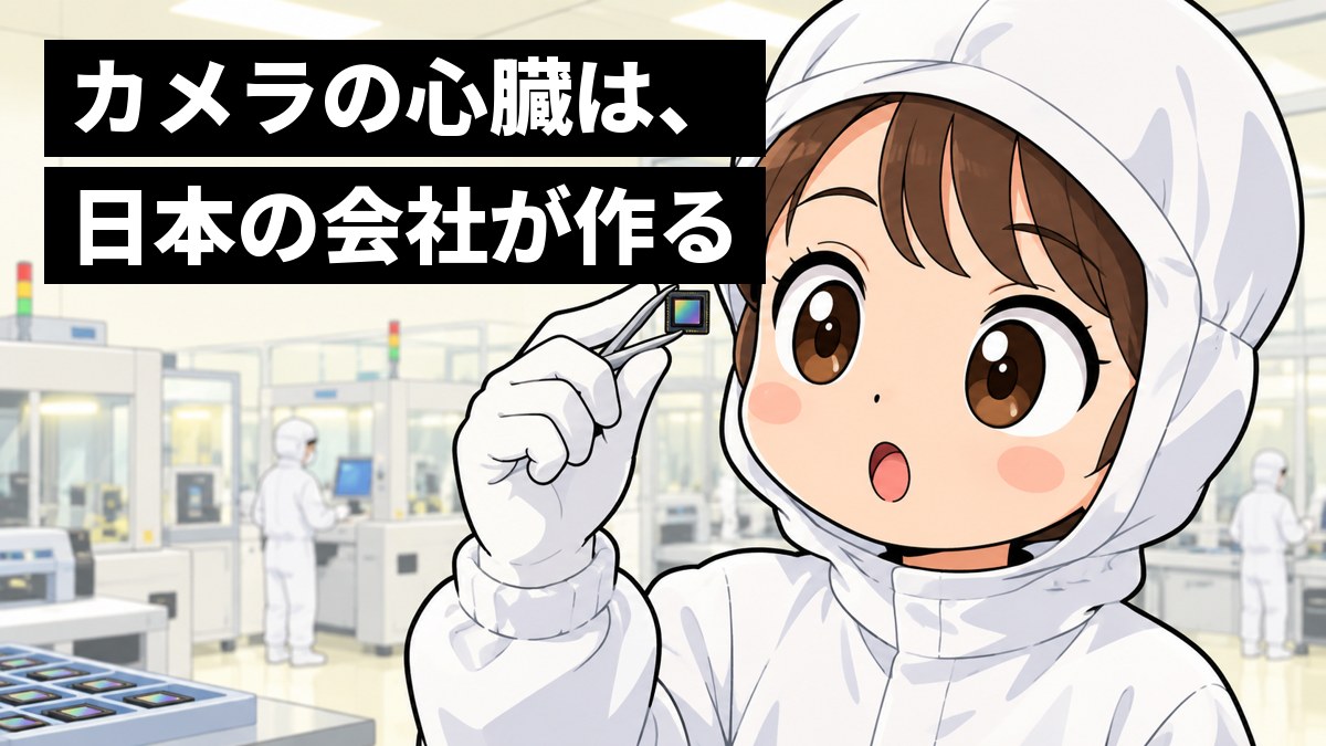 白い作業着とフードの若い女性技術者が、日本の工場のクリーンルームで、指先ほどの小さなカメラの部品をピンセットで持ち上げ、驚いて目を丸くしている。「カメラの心臓は、日本の会社が作る」の文字。