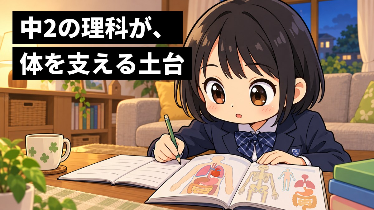 家のリビングのテーブルで、制服の女子中学生が、理科の教科書の人の体のしくみの図に夢中になって身を乗り出し、ノートに書き写している。「中2の理科が、体を支える土台」の文字。