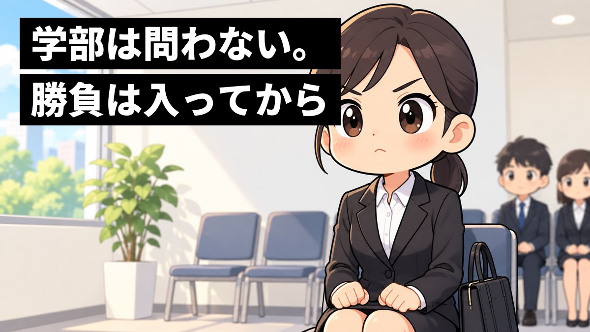 会社の面接の控え室で、就活のスーツを着た女子大学生がいすに座り、ひざの上でこぶしを握って口を結び、まっすぐ前を見て気合いを入れている。「学部は問わない。勝負は入ってから」の文字。
