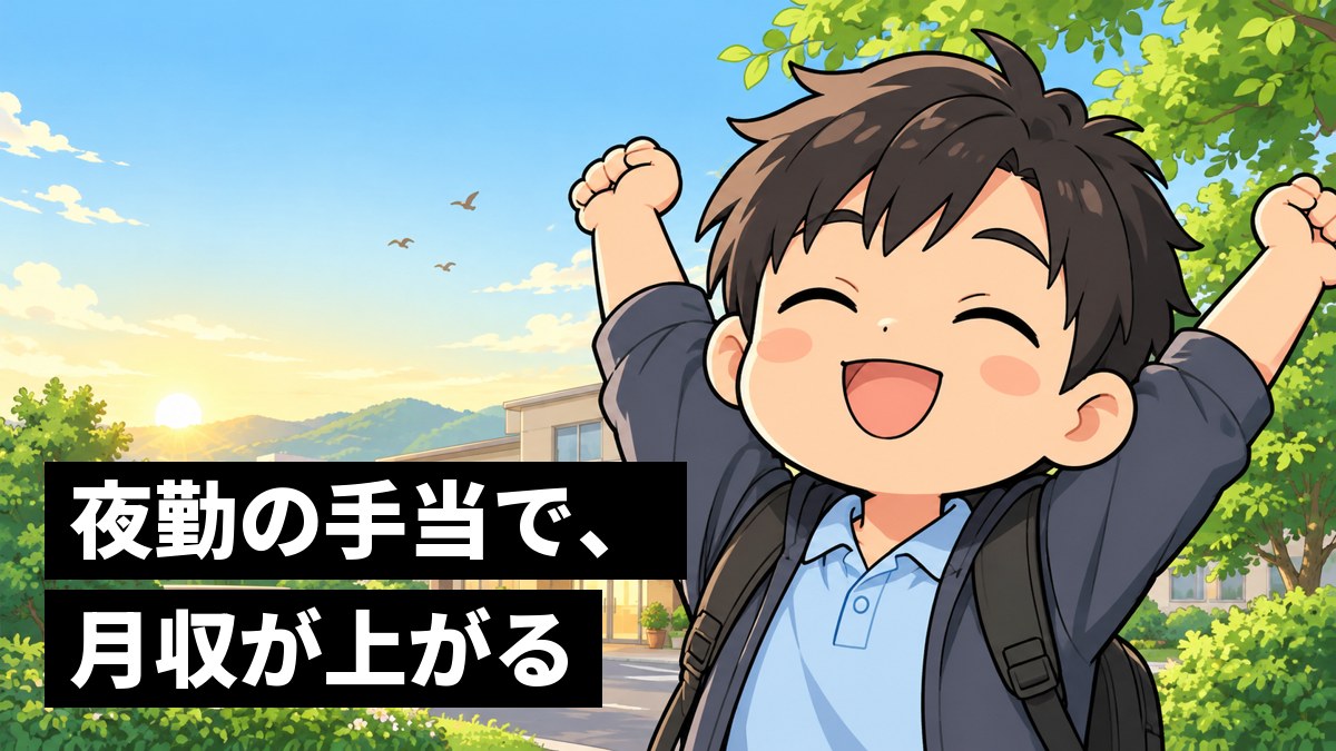 朝日の差しこむ老人ホームの玄関の外で、リュックを背負った若い男性の介護スタッフが、夜勤を終えて両腕を上に伸ばし、やり切ってほっとした笑顔を見せている。「夜勤の手当で、月収が上がる」の文字。