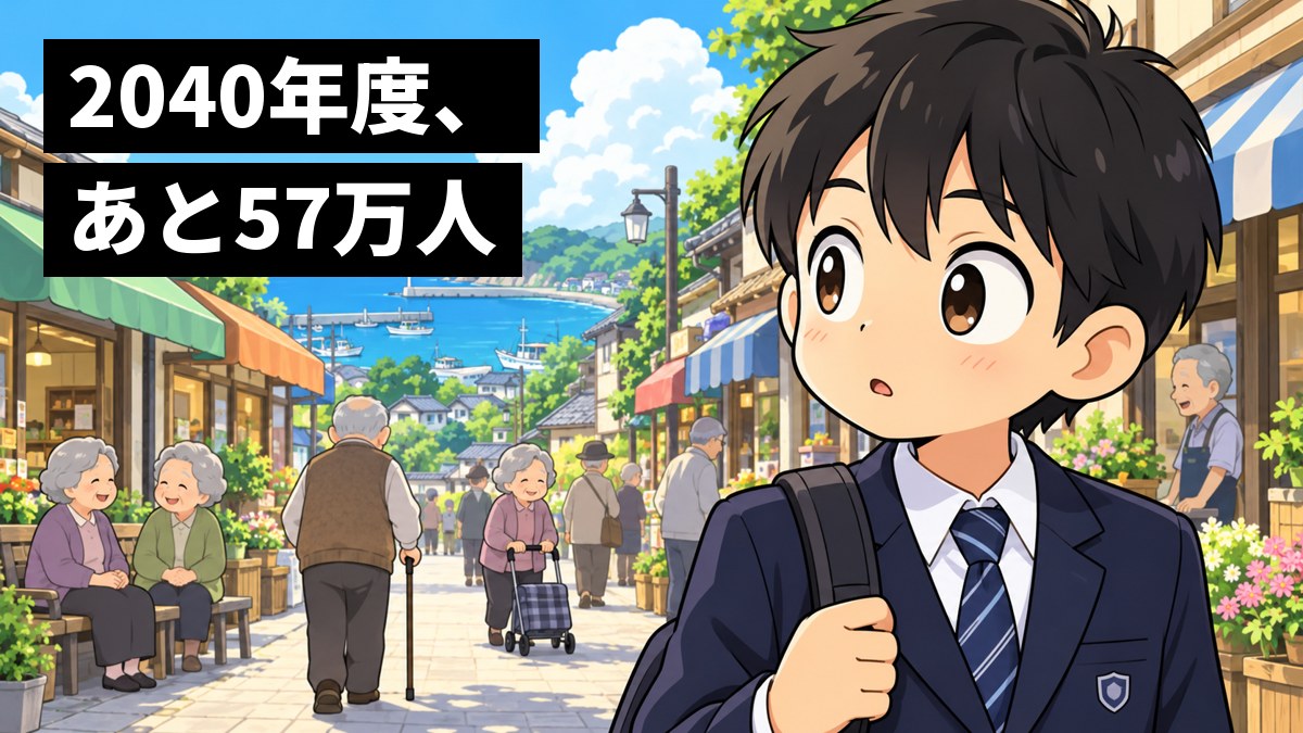昼間の地方の商店街で、杖をついたお年寄りやシルバーカーを押すお年寄りが行き交う中、制服の男子中学生が立ち止まり、目を見開いてはっと気づいた顔をしている。「2040年度、あと57万人」の文字。