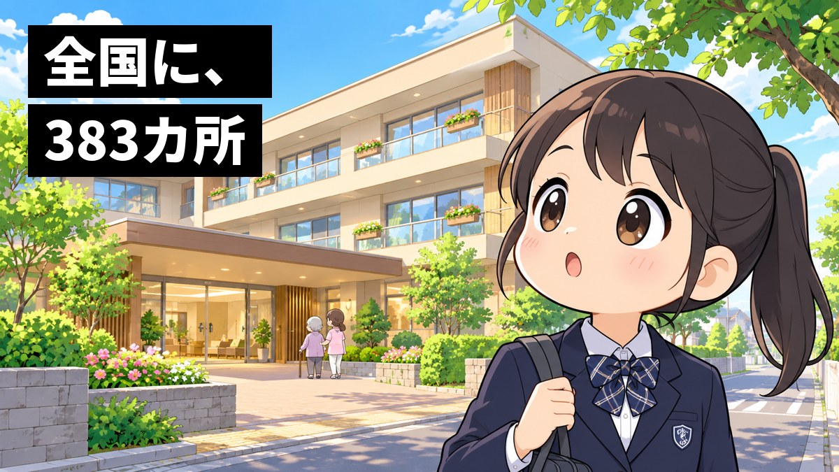 明るい住宅街に建つ、大きくてきれいな老人ホームの建物の前で、制服の女子中学生が建物を見上げ、目を丸くして驚いている。「全国に、383カ所」の文字。