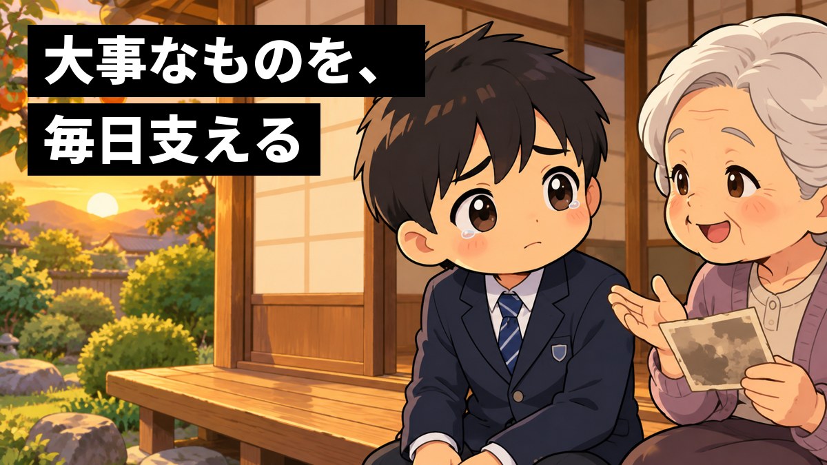 夕方の和室の縁側で、制服の男子中学生が、となりに座るおばあちゃんの若いころの話を、目をうるませながらじっと聞いている。おばあちゃんの手には古い写真。「大事なものを、毎日支える」の文字。