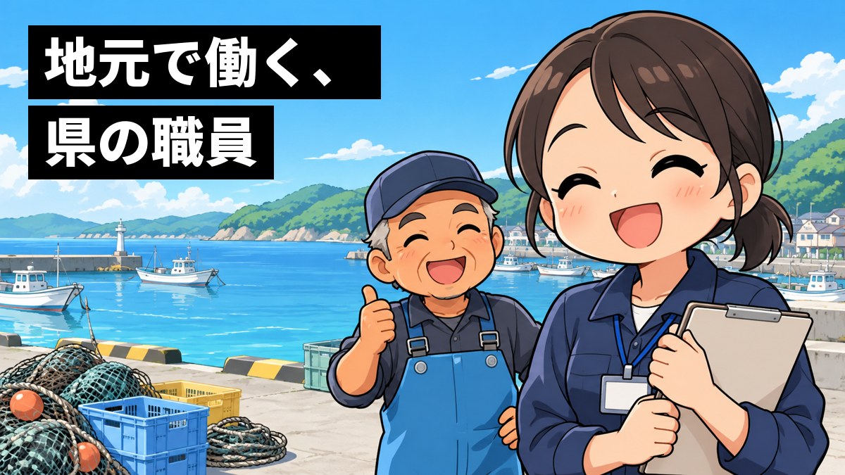 館山の小さな漁港で、作業着の若い女性の県職員が、日に焼けた年配の漁師さんと話がまとまり、クリップボードを胸にうれしそうに笑っている。「地元で働く、県の職員」の文字。
