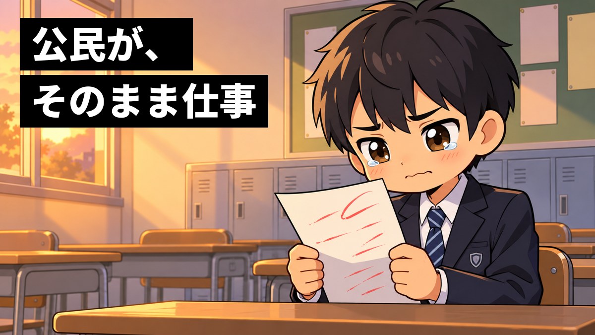 放課後の教室の後ろの席で、制服の男子中学生が返ってきたテストの答案を見て、悔し涙をこらえて唇をかんでいる。「公民が、そのまま仕事」の文字。