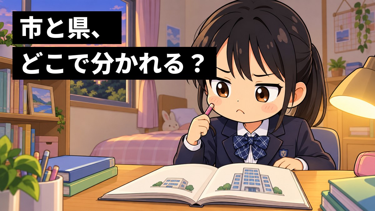 自分の部屋の机で、制服の女子中学生が公民の教科書を開き、納得いかない顔で口をとがらせて考え込んでいる。「市と県、どこで分かれる?」の文字。