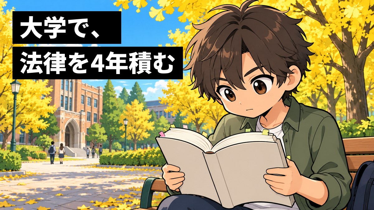 大学のキャンパスのベンチで、私服の男子大学生が分厚い法律の本に夢中になって読みふけっている。「大学で、法律を4年積む」の文字。