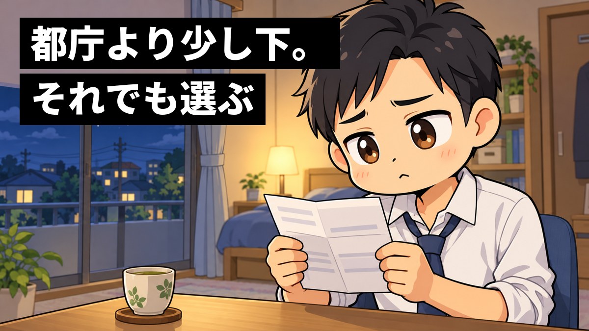 夜のアパートの部屋で、ワイシャツ姿の若い男性職員が給与明細の紙を見て、少しだけ肩を落としてため息をついている。「都庁より少し下。それでも選ぶ」の文字。