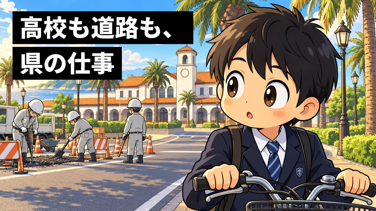 館山の駅前の通りで、自転車を止めた制服の男子中学生が、道路を直す工事を見て目を丸くしている。「高校も道路も、県の仕事」の文字。