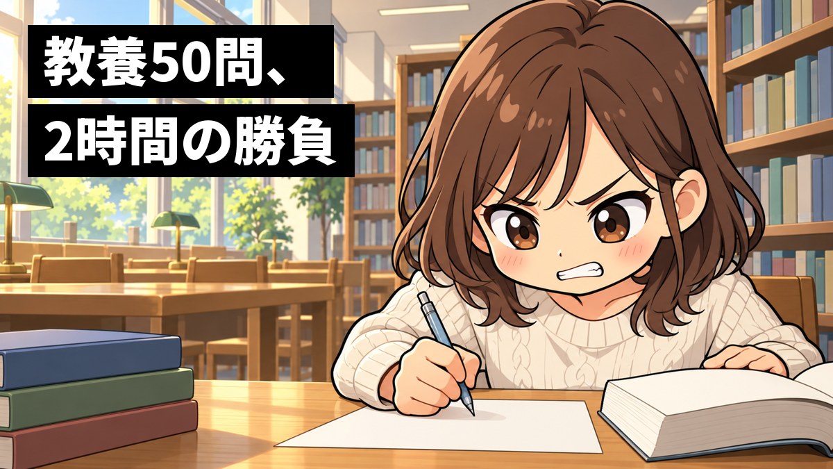 大学の図書館の机で、私服の大学生の女性が分厚い問題集を前に、解けない問題に歯を食いしばって悔しそうににらんでいる。「教養50問、2時間の勝負」の文字。