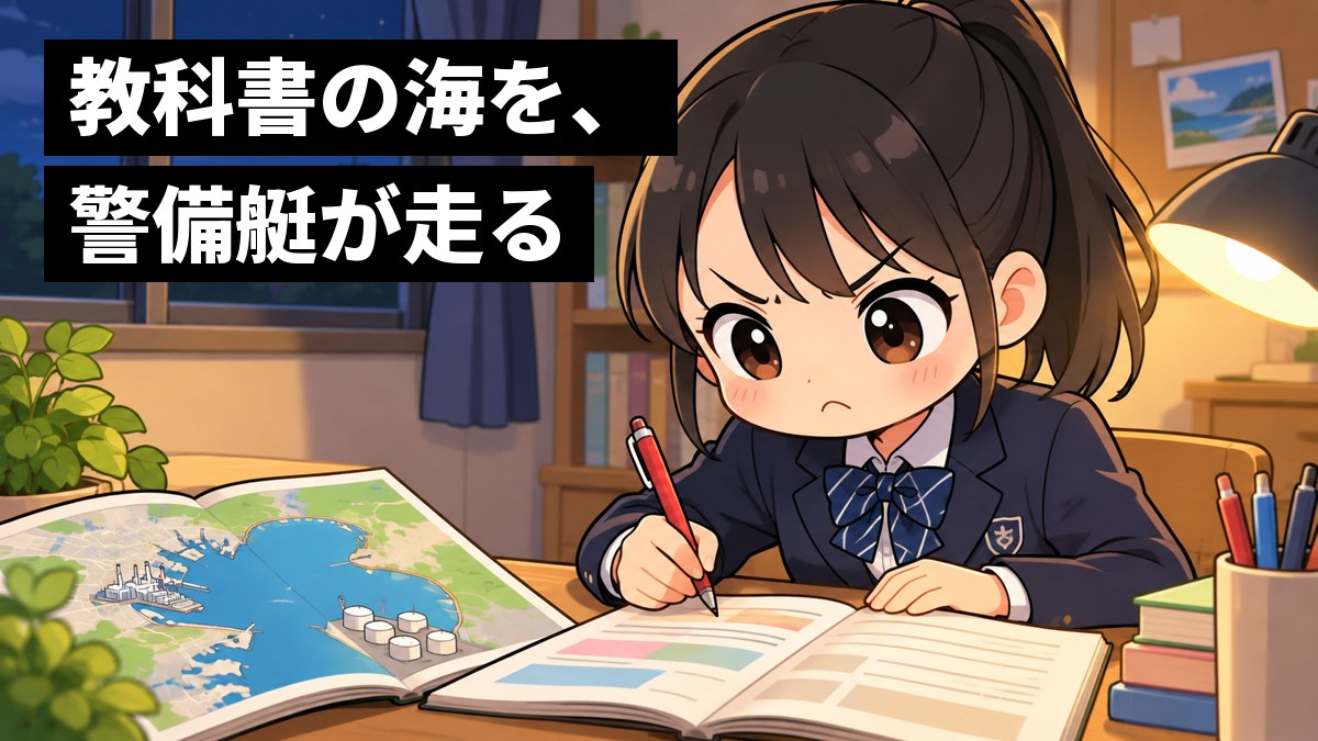 家の机で、制服の女子中学生が、社会の地図帳の工業地帯のページを開き、間違えた問題に悔しそうに眉を寄せて赤ペンで直している。「教科書の海を、警備艇が走る」の文字。