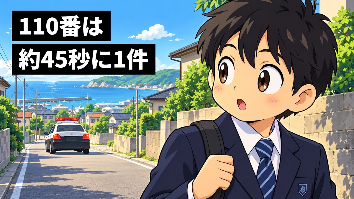 海の見える地方の町の道で、制服の男子中学生が、走っていく白黒のパトカーを振り返り、目を丸くしてわくわくしている。「110番は約45秒に1件」の文字。