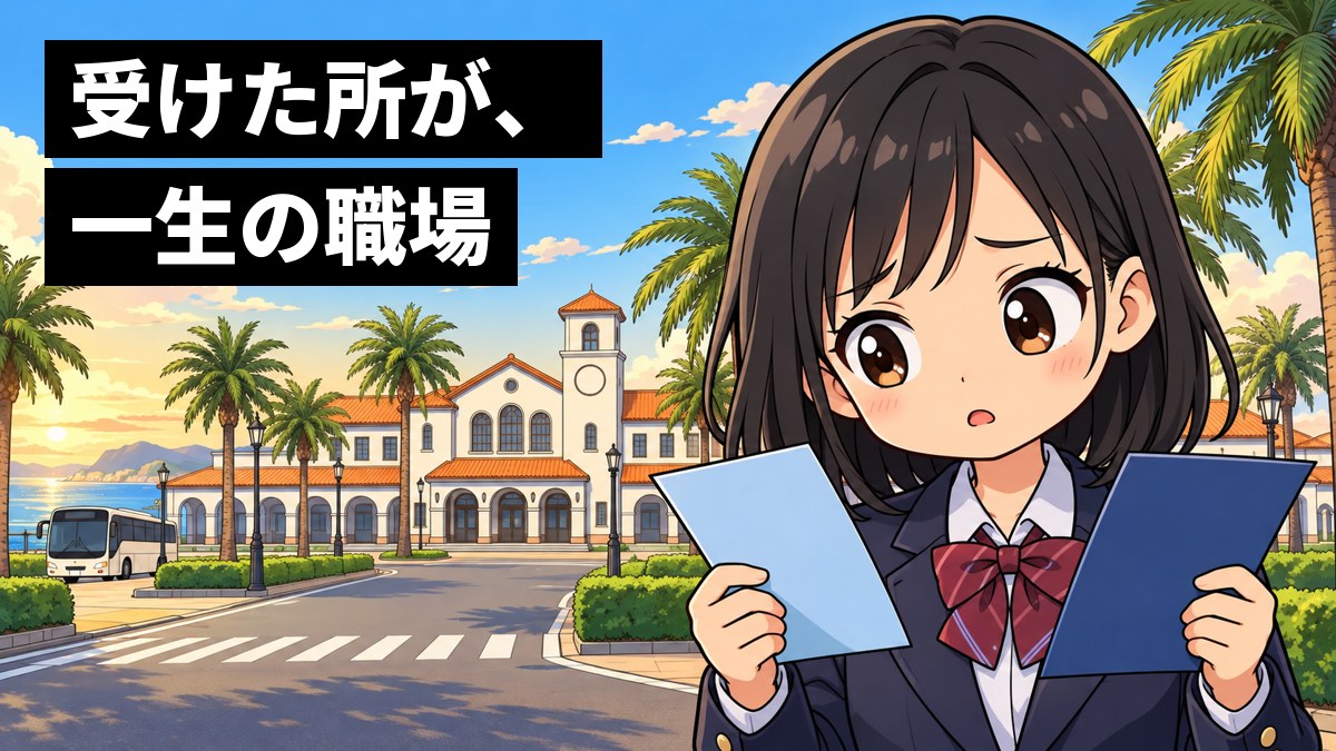 館山駅の前で、ブレザーの制服の女子高校生が、2枚の案内の紙を見比べ、どちらにするか決められずに途方にくれている。「受けた所が、一生の職場」の文字。