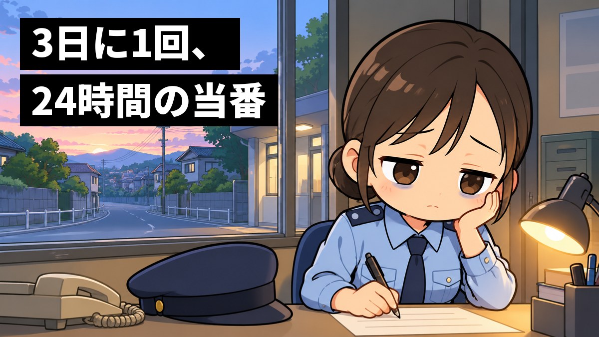 夜明けの交番の机で、制服の若い女性警察官が、眠そうなしょぼしょぼした目で書類にペンを走らせている。窓の外が白んでいる。「3日に1回、24時間の当番」の文字。