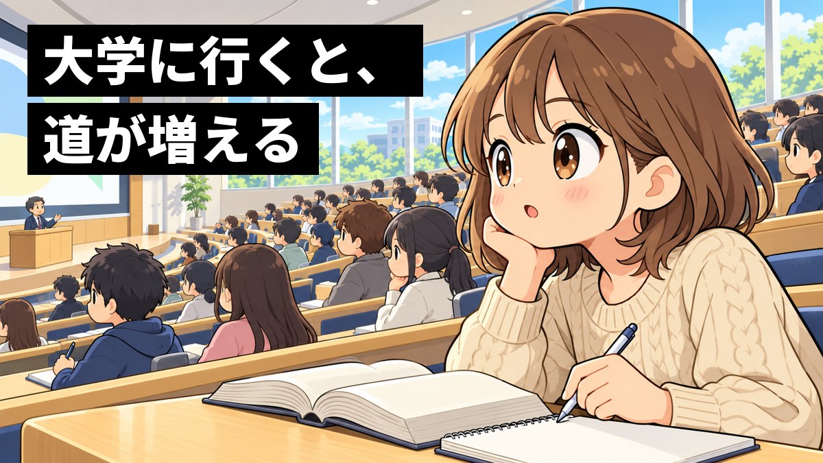 大学の大きな階段教室で、茶髪で私服の大学生が、法律の講義に夢中になり、目を輝かせてノートを取っている。「大学に行くと、道が増える」の文字。