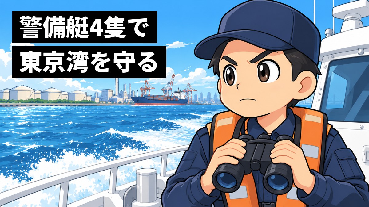 東京湾の工場地帯を背に、白い警備艇の甲板で、紺の制服とライフジャケットの警察官が双眼鏡を下ろし、険しい顔で海の先を見すえている。「警備艇4隻で東京湾を守る」の文字。