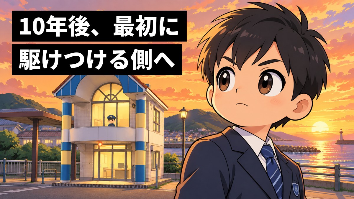 夕方の館山駅前交番の前で、制服の男子中学生が、交番の中の警察官を見つめ、口を結んで目を輝かせている。「10年後、最初に駆けつける側へ」の文字。