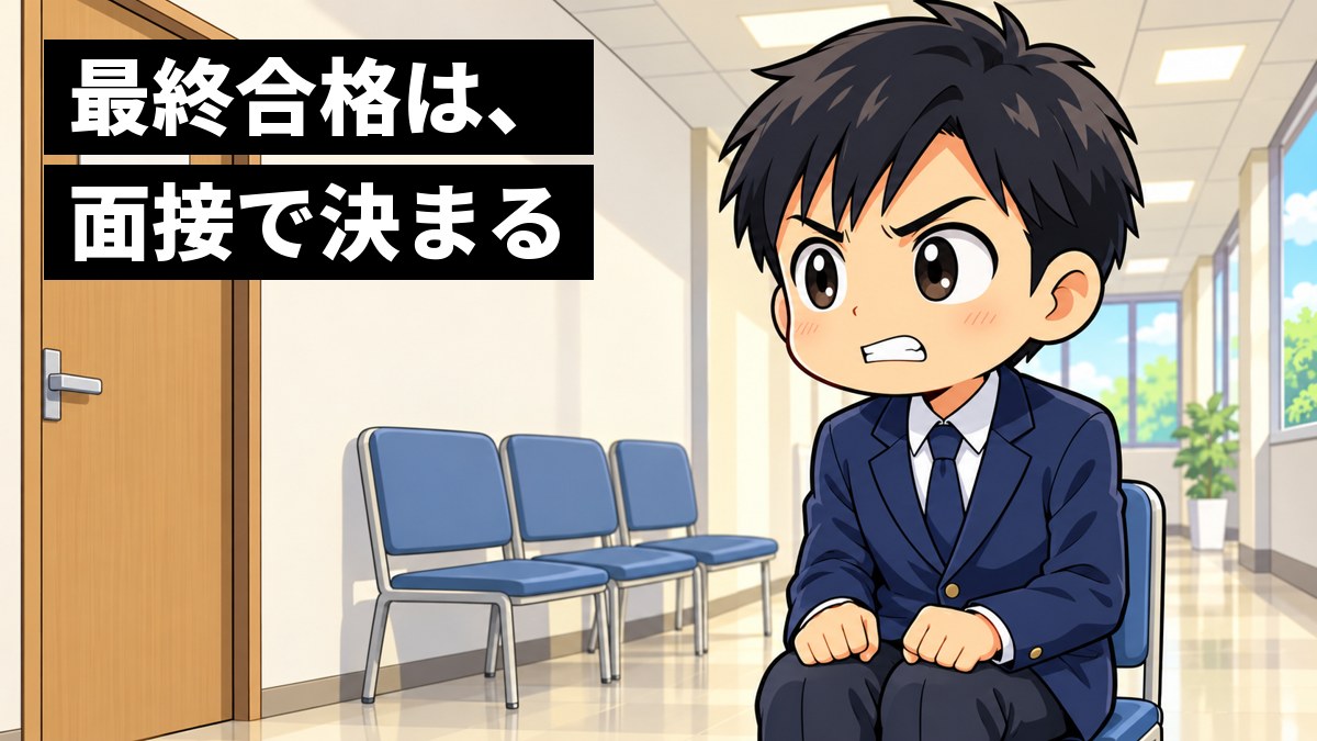 面接会場の廊下の椅子で、ブレザーの制服の男子高校生が、ひざの上でこぶしを握り、歯をくいしばって気合を入れている。「最終合格は、面接で決まる」の文字。