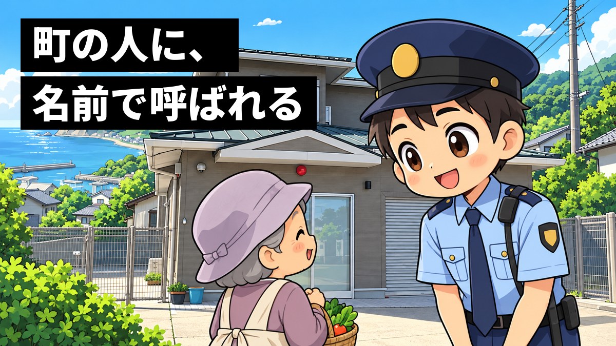海辺の町の駐在所の前で、制服の若い男性警察官が、野菜を持ったおばあさんに声をかけられ、ほっとした笑顔で応えている。「町の人に、名前で呼ばれる」の文字。