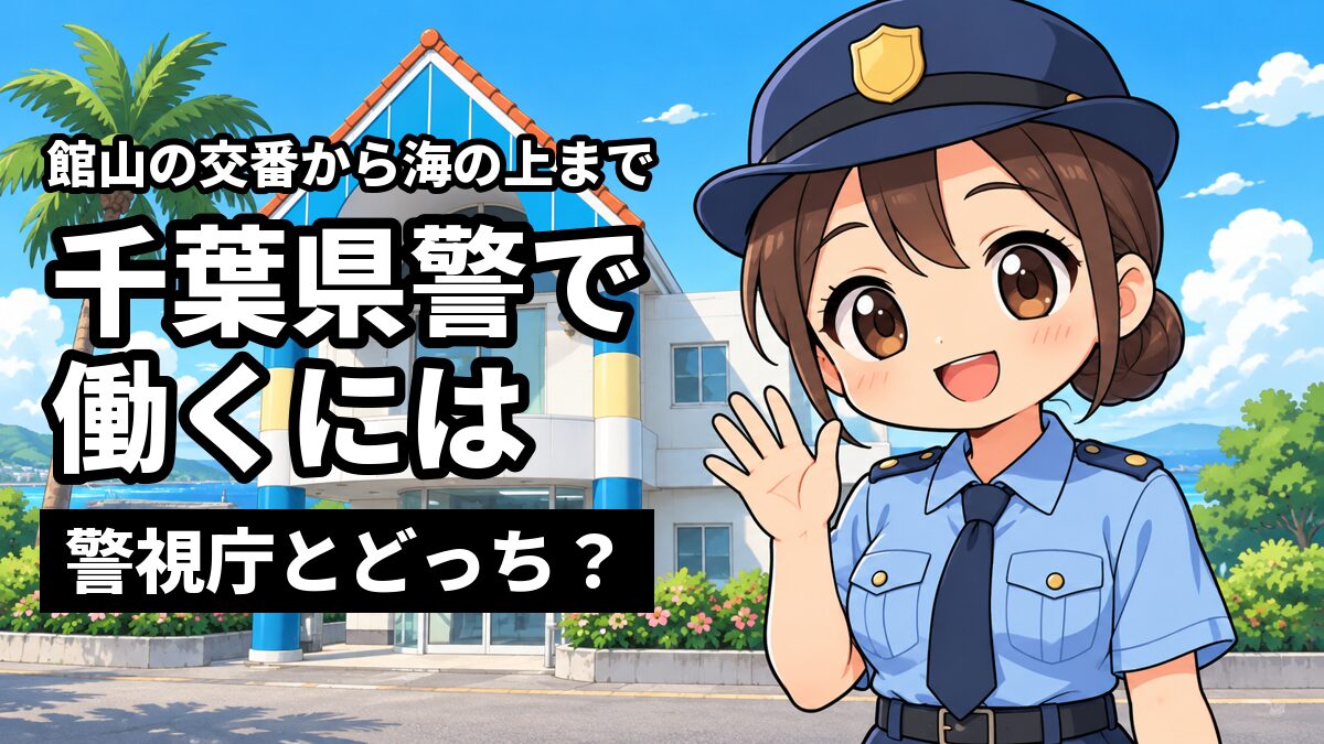 館山駅前交番の三角屋根の建物を背に、制服の若い女性警察官が、やさしい笑顔で手を振っている。「千葉県警で働くには」「警視庁とどちらを受ける?」の文字。